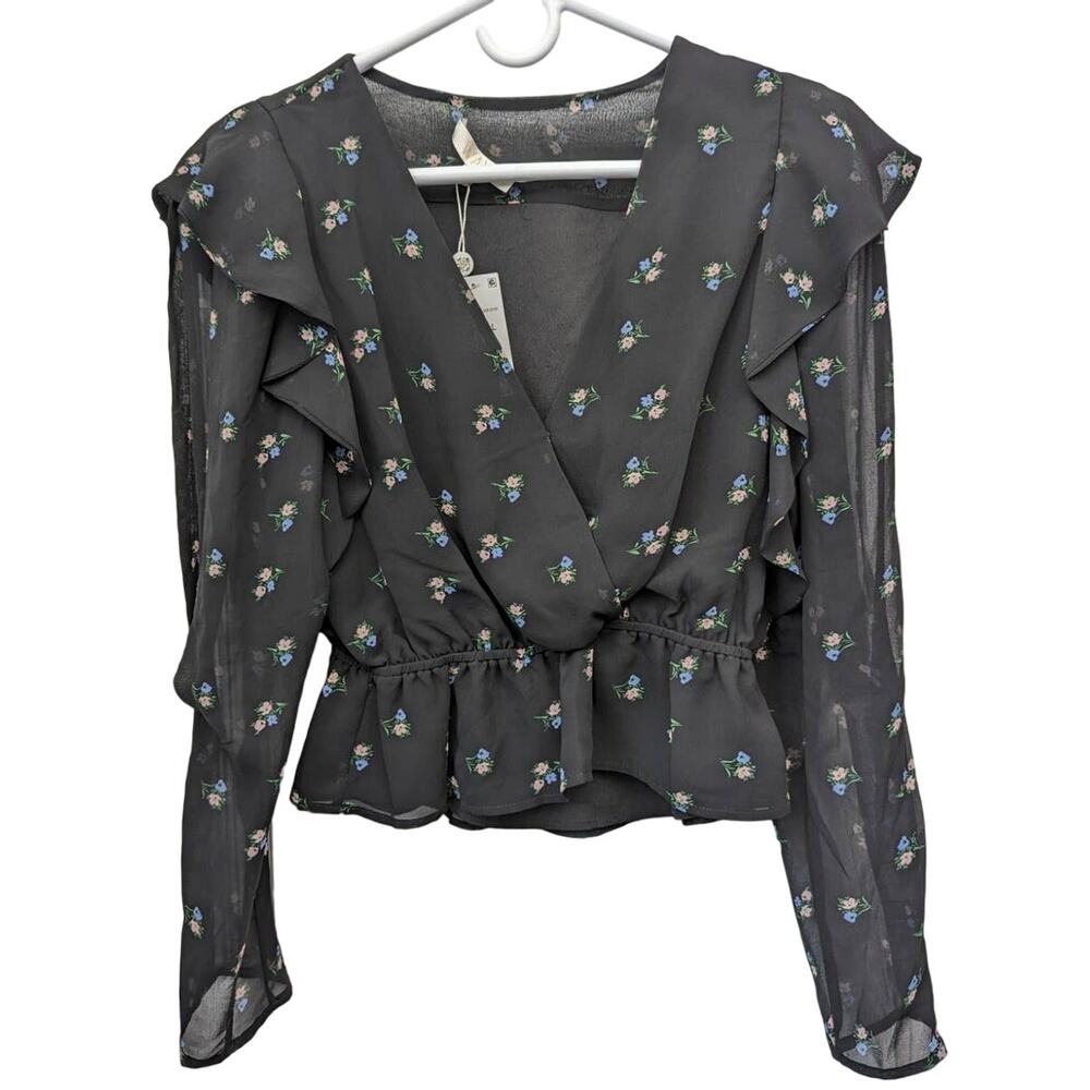 WAYF Size S Womens Blouse Ruffles Smocked Peplum Dark Floral V Neck NWT Coquette